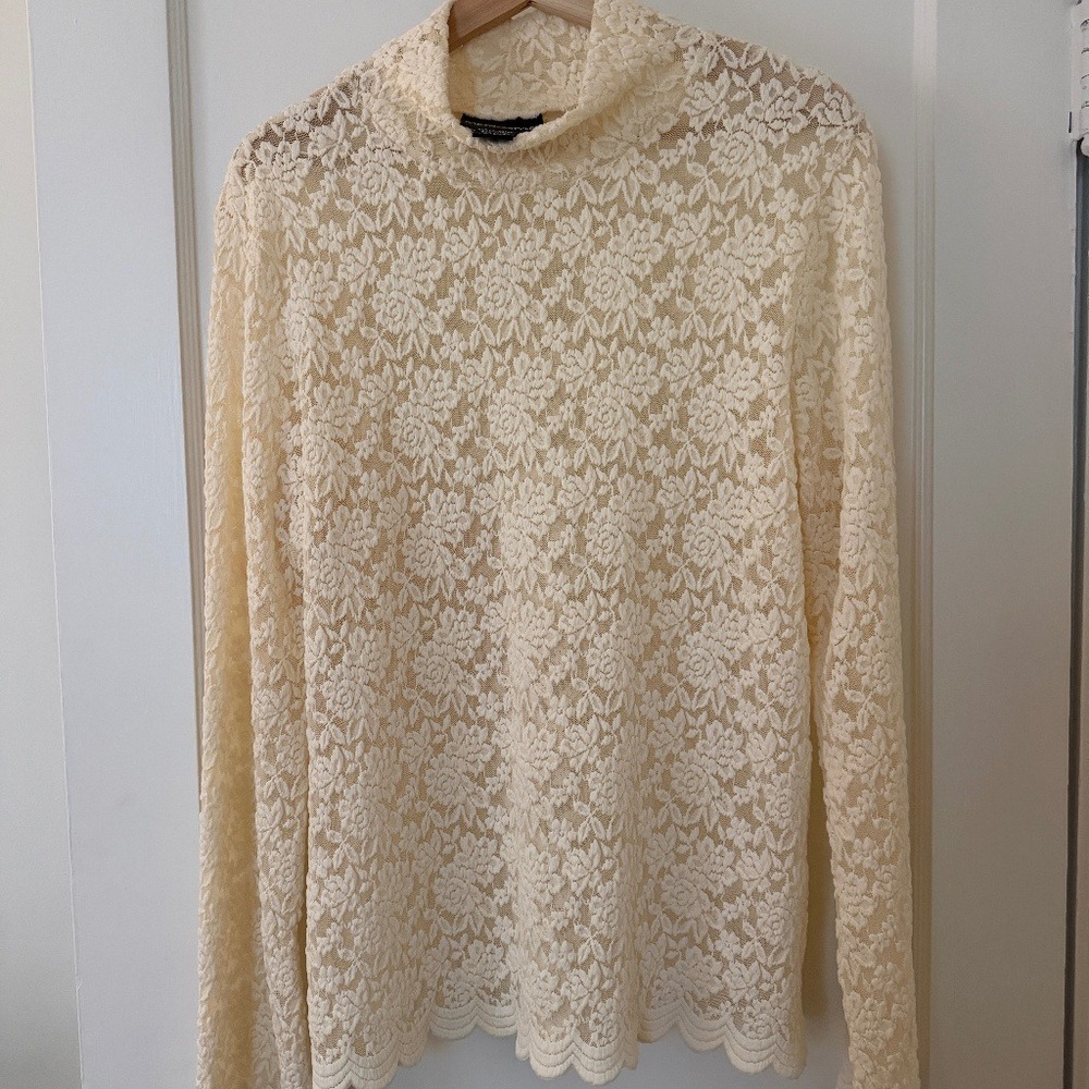 Floral‎ Unconventional Lace Mock Neck Scalloped Top Cream Ivory Women XLT: Fairy